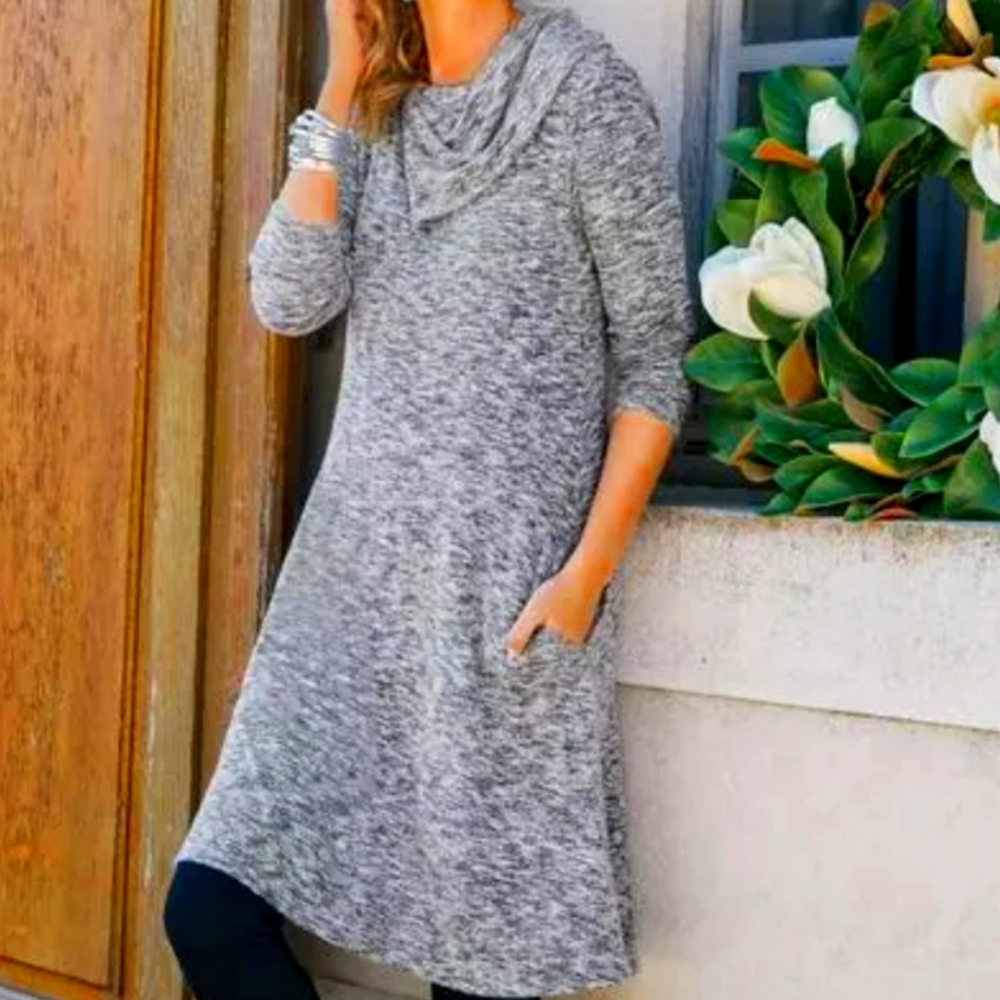 Soft Surroundings Heather Gray Softie Weekend Dress Size S Zip Cowl Neck